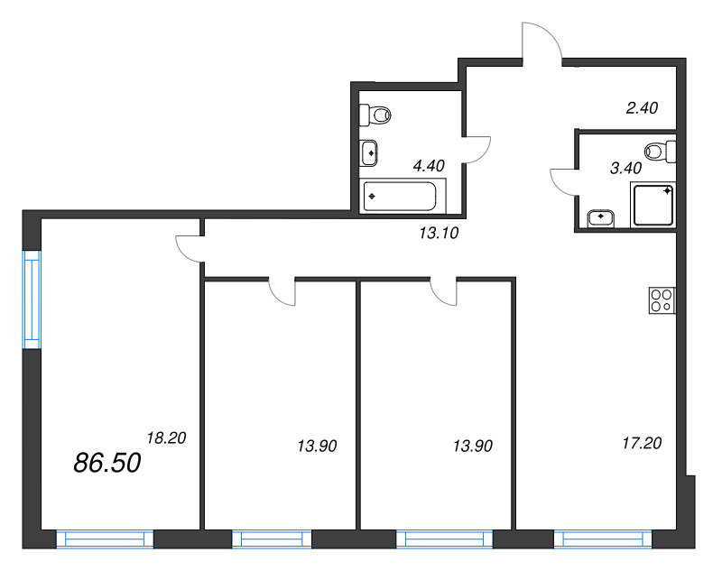 4-комнатная (Евро) квартира, 86.5 м² в ЖК "Ягодное Река Парк" - планировка, фото №1