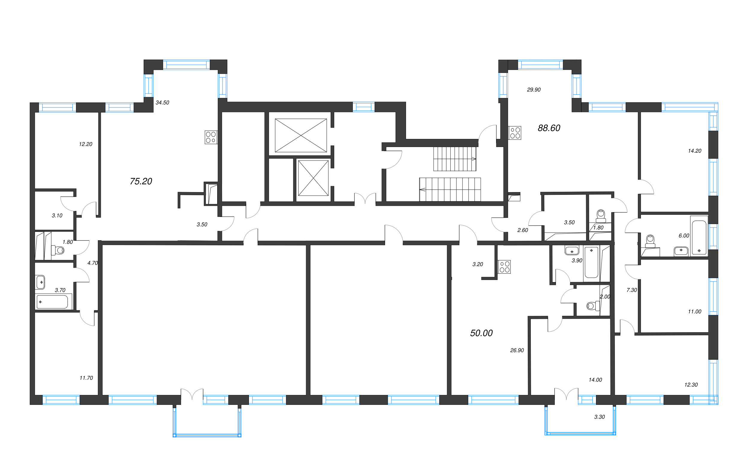 3-комнатная (Евро) квартира, 63 м² в ЖК "Легенда на Охте" - планировка этажа