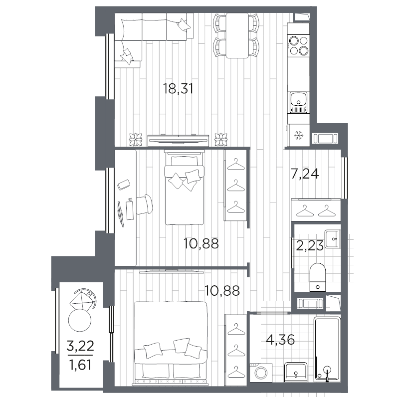 3-комнатная (Евро) квартира, 55.51 м² в ЖК "Оптимист" - планировка, фото №1