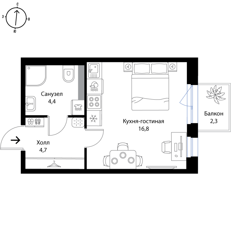 Квартира-студия, 26.6 м² в ЖК "Экография" - планировка, фото №1