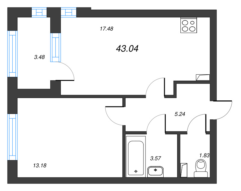 2-комнатная (Евро) квартира, 43.04 м² в ЖК "Кронфорт. Центральный" - планировка, фото №1