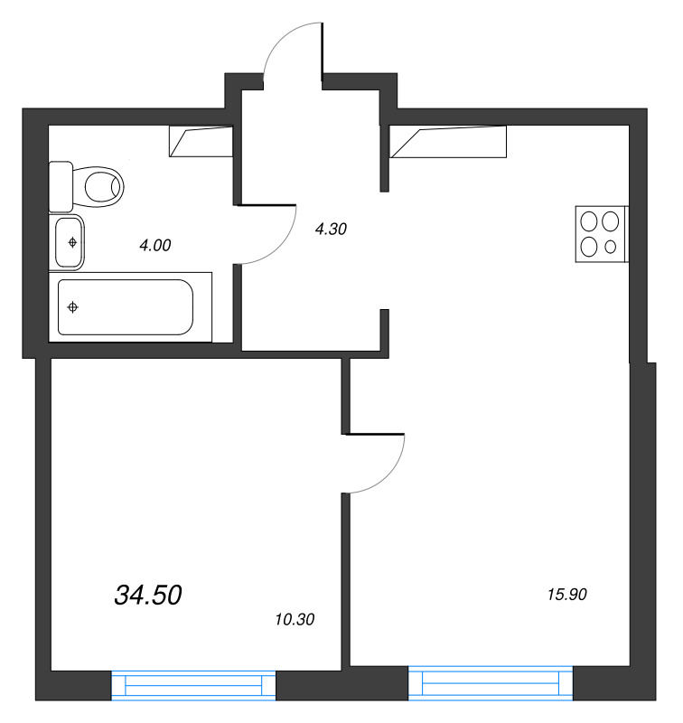 2-комнатная (Евро) квартира, 34.5 м² в ЖК "Струны" - планировка, фото №1