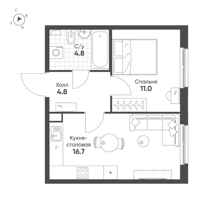 2-комнатная (Евро) квартира, 37.3 м² - планировка, фото №1