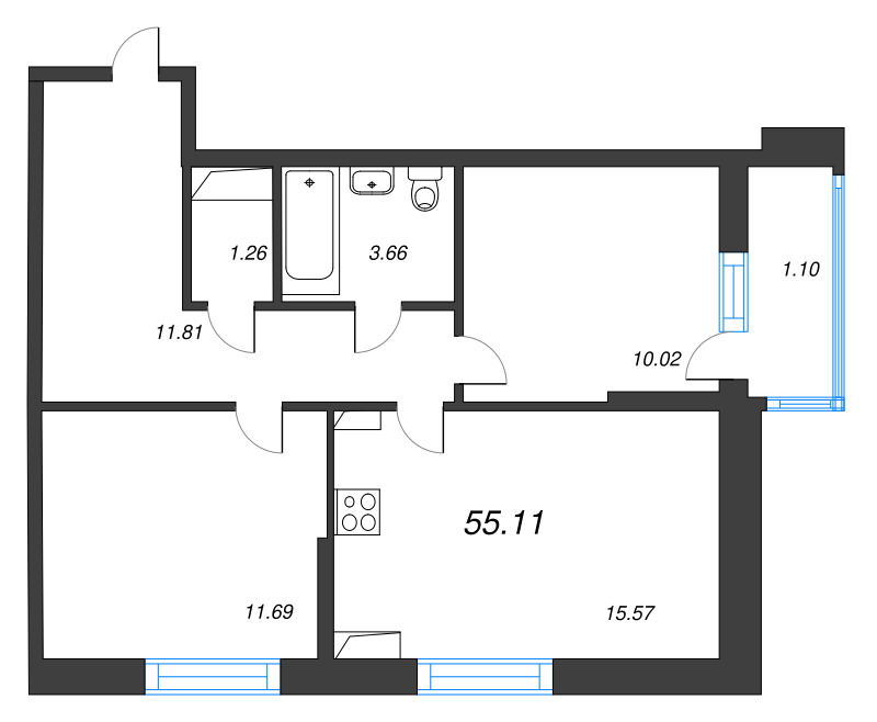 3-комнатная (Евро) квартира, 55.11 м² - планировка, фото №1