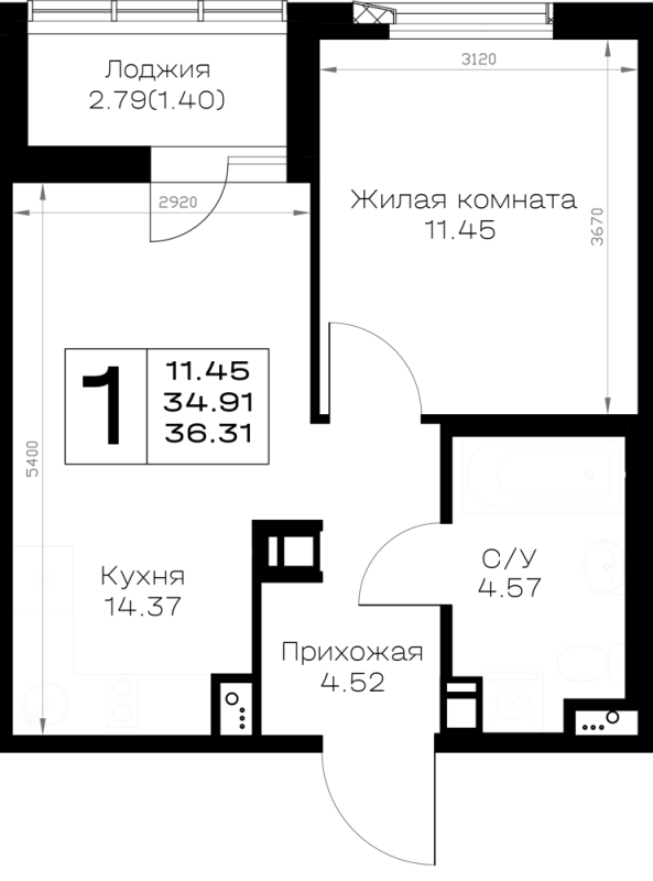 1-комнатная квартира, 36.31 м² в ЖК "Борский" - планировка, фото №1