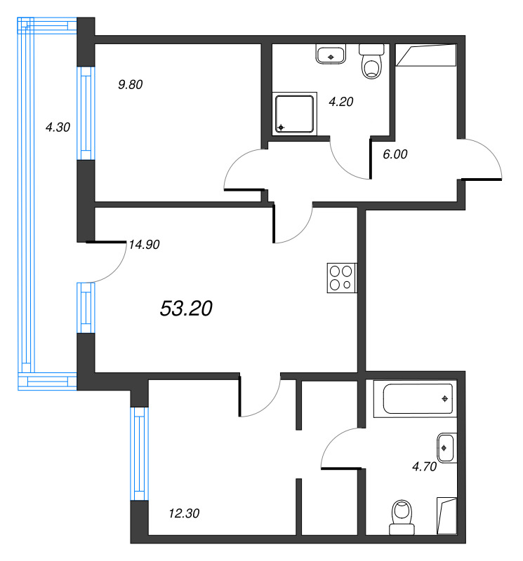 2-комнатная квартира, 53.2 м² в ЖК "Парусная 1" - планировка, фото №1