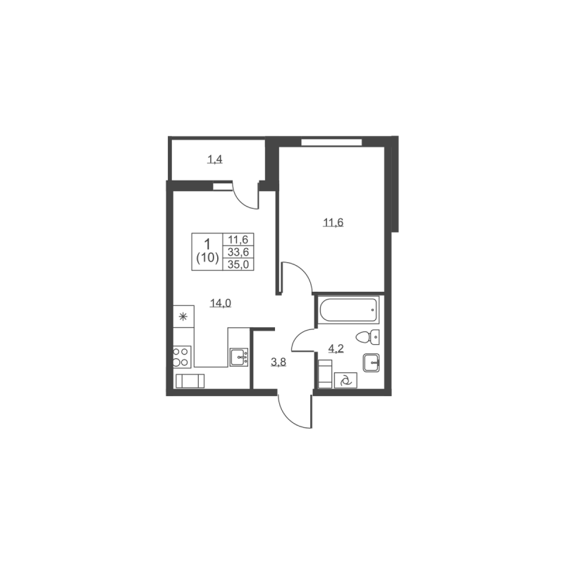 1-комнатная квартира, 35 м² в ЖК "Ермак" - планировка, фото №1