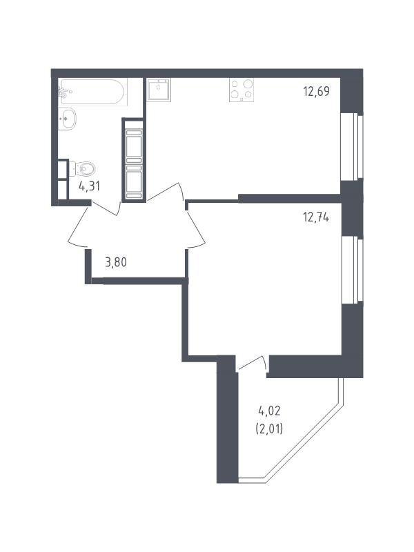 1-комнатная квартира, 35.55 м² в ЖК "Живи! В Рыбацком" - планировка, фото №1