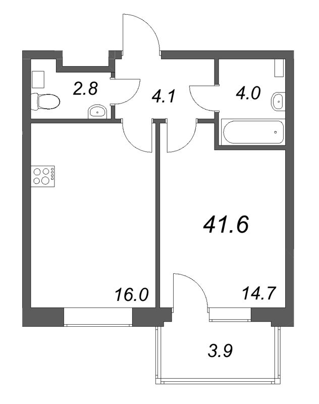 2-комнатная (Евро) квартира, 41.6 м² в ЖК "М36" - планировка, фото №1