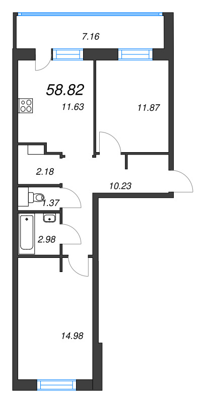 2-комнатная квартира, 58.82 м² - планировка, фото №1