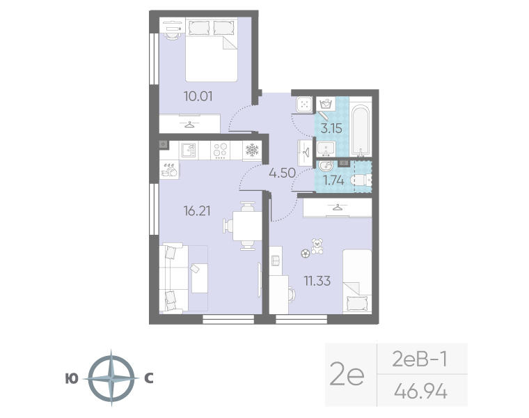 3-комнатная (Евро) квартира, 46.94 м² в ЖК "Морская миля" - планировка, фото №1
