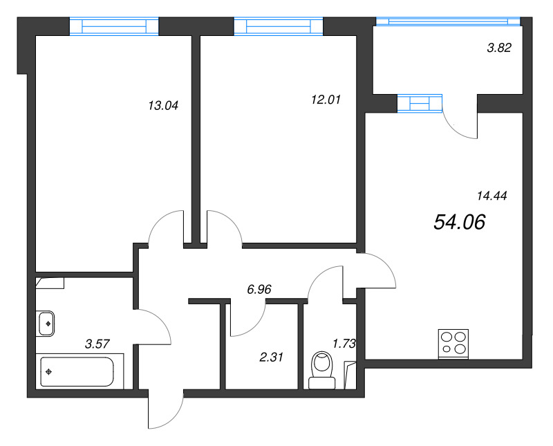 2-комнатная квартира, 54.06 м² в ЖК "Любоград" - планировка, фото №1