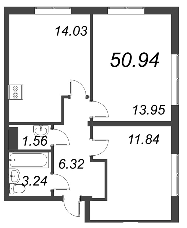 2-комнатная квартира, 50.94 м² - планировка, фото №1