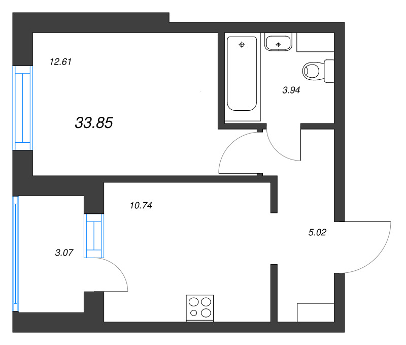1-комнатная квартира, 33.85 м² - планировка, фото №1