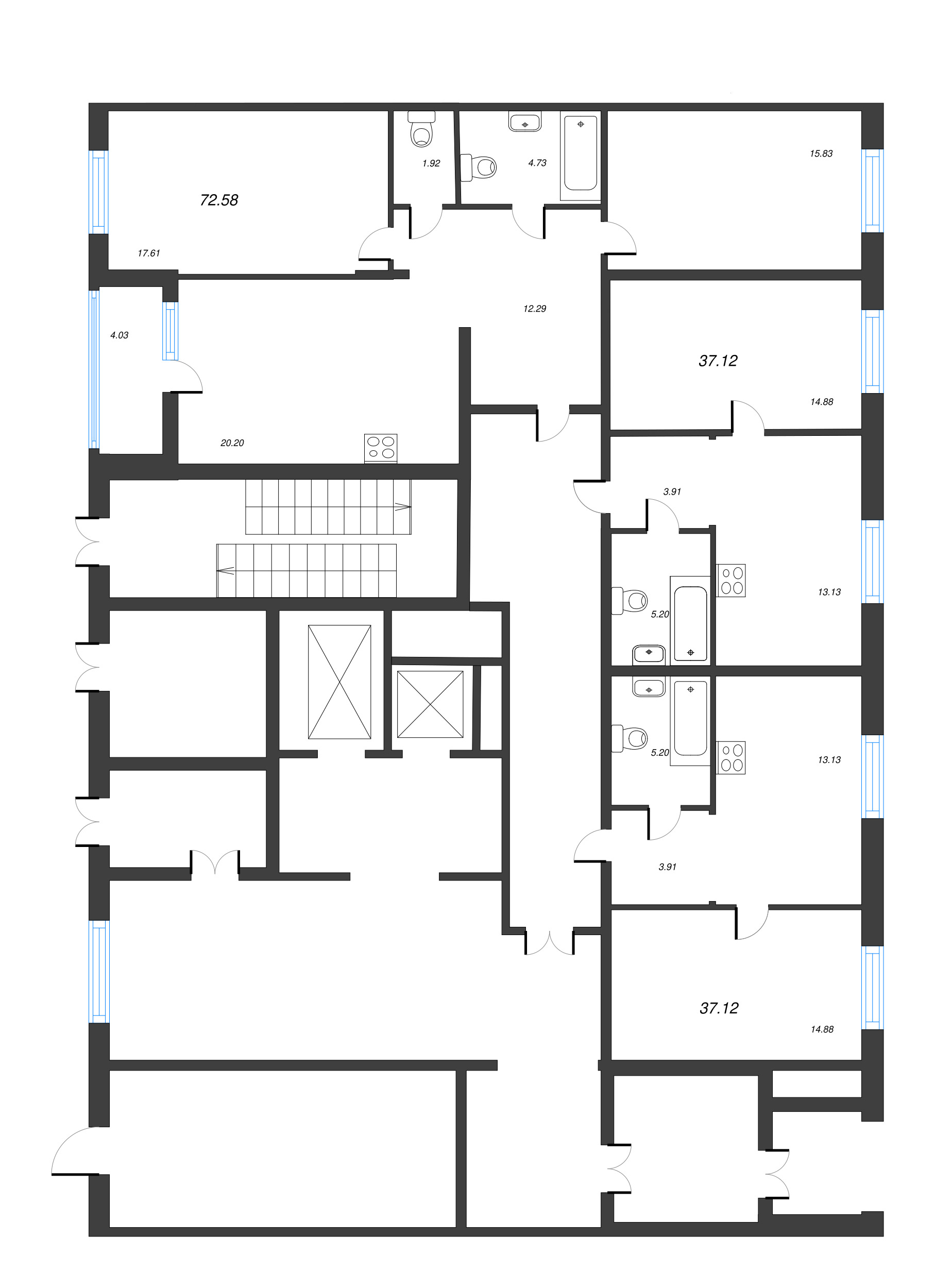3-комнатная (Евро) квартира, 72.58 м² - планировка этажа