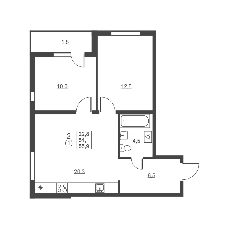 3-комнатная (Евро) квартира, 55.9 м² - планировка, фото №1