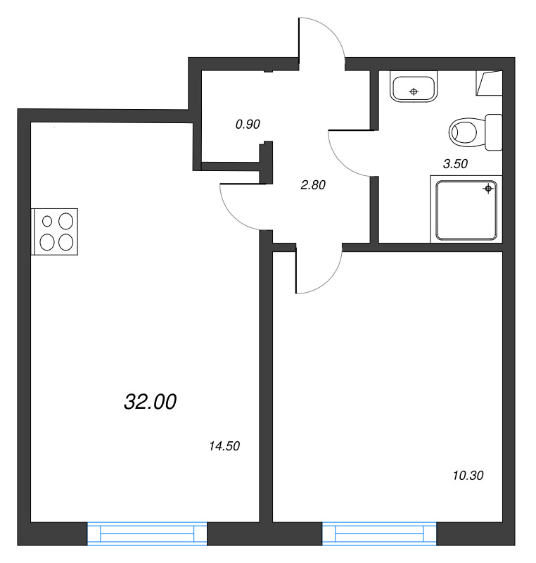 1-комнатная квартира, 32 м² в ЖК "Дыбенко Парк" - планировка, фото №2