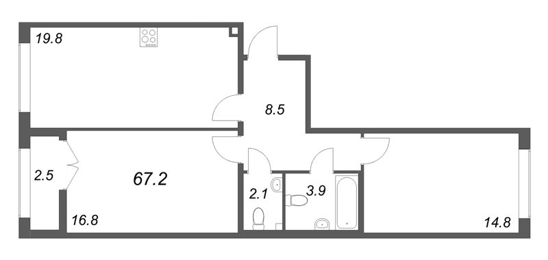 3-комнатная (Евро) квартира, 67.2 м² в ЖК "Кронунг ЮГ" - планировка, фото №1