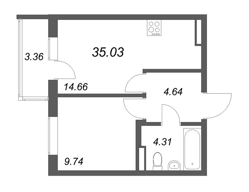 1-комнатная квартира, 35.03 м² - планировка, фото №1