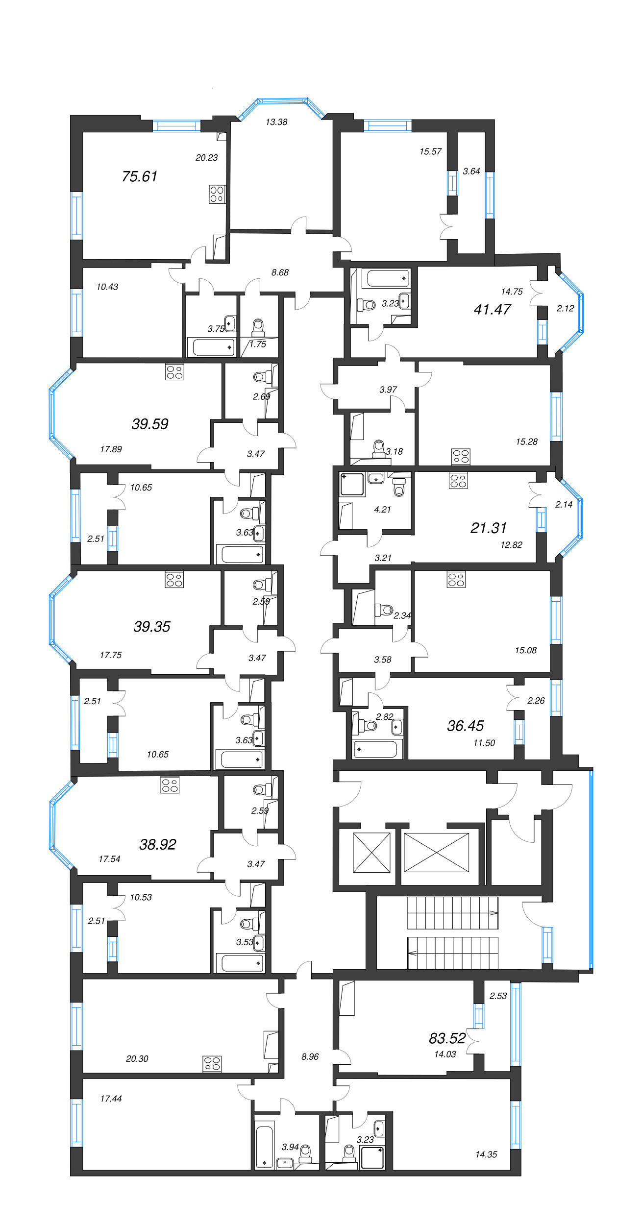 2-комнатная (Евро) квартира, 36.45 м² в ЖК "Цивилизация на неве" - планировка этажа