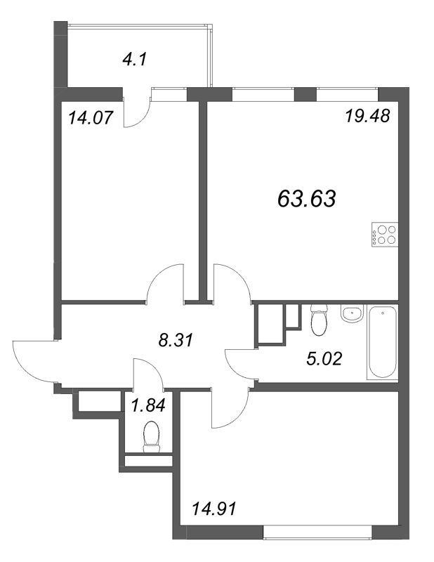 3-комнатная (Евро) квартира, 63.63 м² в ЖК "Ясно.Янино" - планировка, фото №1