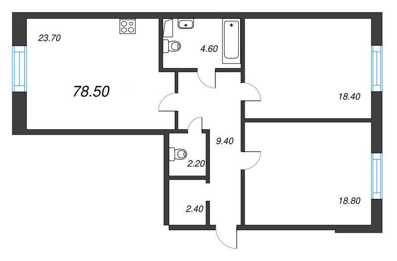 3-комнатная (Евро) квартира, 77.8 м² - планировка, фото №1