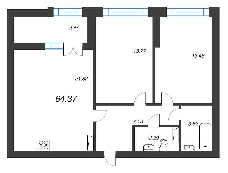 2-комнатная квартира, 64.37 м² - планировка, фото №1
