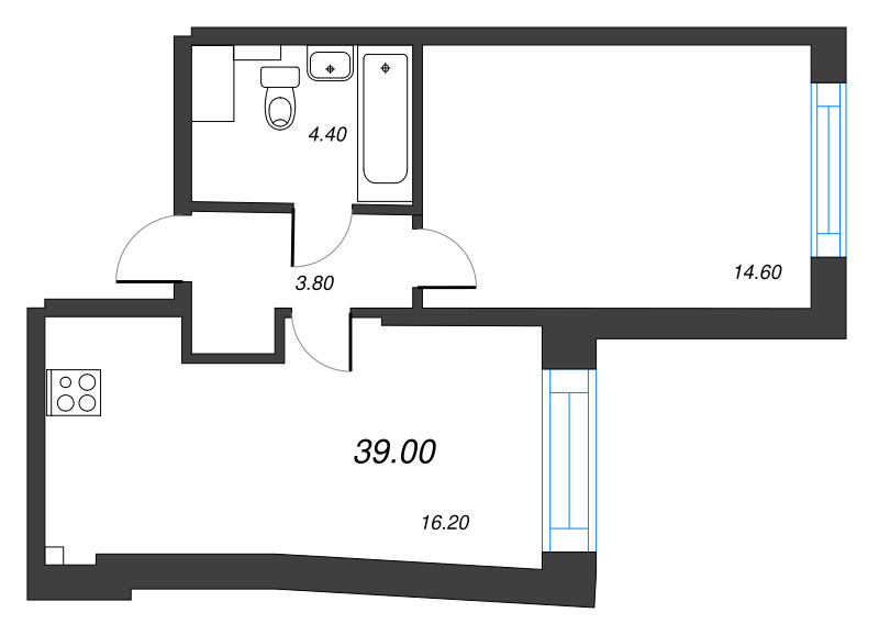 2-комнатная (Евро) квартира, 39 м² в ЖК "Измайловский" - планировка, фото №1
