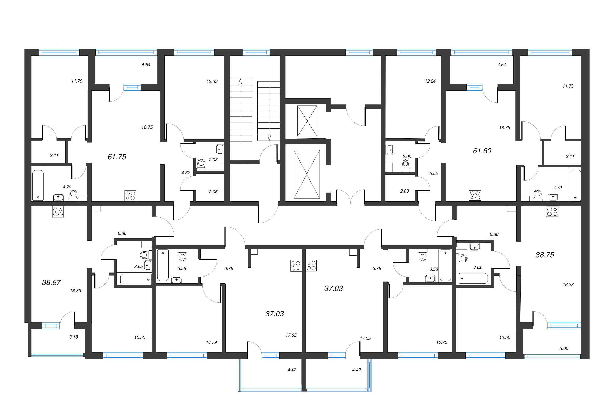 2-комнатная (Евро) квартира, 37.03 м² - планировка этажа