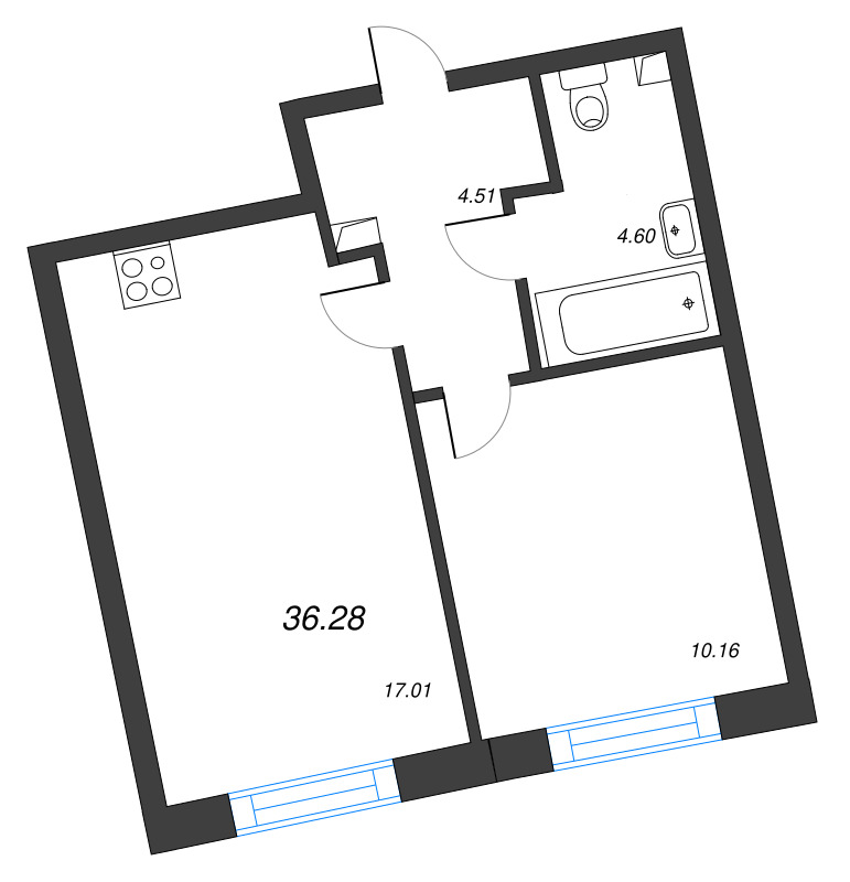 2-комнатная (Евро) квартира, 36.28 м² в ЖК "Бульвар Грина" - планировка, фото №1