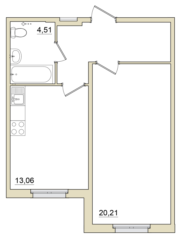 1-комнатная квартира, 46.1 м² - планировка, фото №1