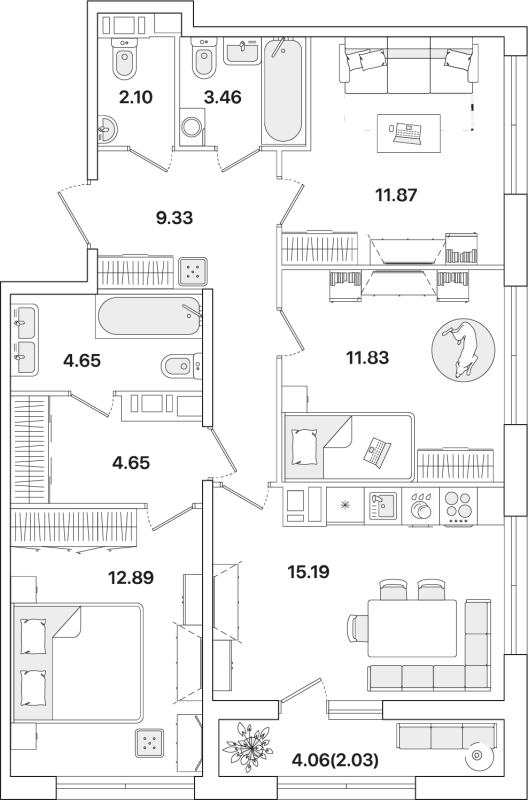 3-комнатная квартира, 78 м² - планировка, фото №1