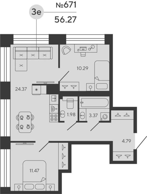 3-комнатная (Евро) квартира, 56.27 м² в ЖК "Bashni Element" - планировка, фото №1