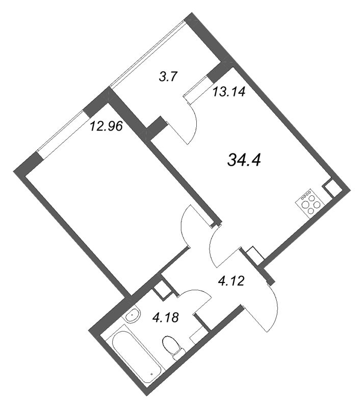 1-комнатная квартира, 34.4 м² в ЖК "Любоград" - планировка, фото №1