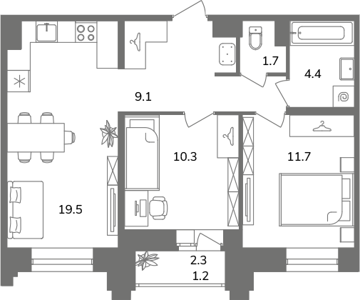 3-комнатная (Евро) квартира, 57.9 м² в ЖК "Антверпен" - планировка, фото №1