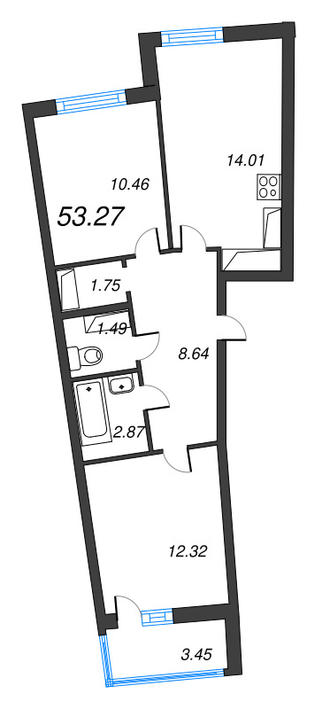 3-комнатная (Евро) квартира, 53.27 м² в ЖК "Дом Левитан" - планировка, фото №1