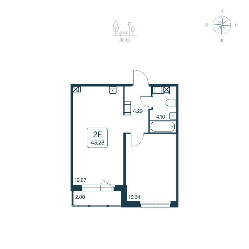 2-комнатная (Евро) квартира, 43.23 м² - планировка, фото №1