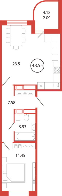 2-комнатная (Евро) квартира, 48.55 м² в ЖК "Энфилд" - планировка, фото №1