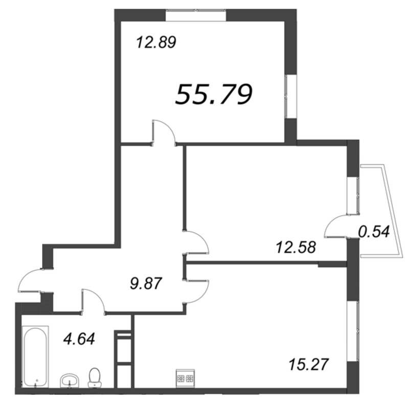 3-комнатная (Евро) квартира, 55.79 м² - планировка, фото №1
