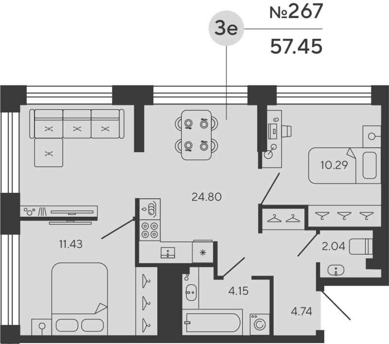 3-комнатная (Евро) квартира, 57.45 м² в ЖК "Bashni Element" - планировка, фото №1