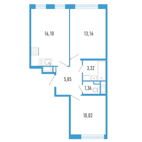 3-комнатная (Евро) квартира, 49.81 м² в ЖК "AEROCITY" - планировка, фото №1