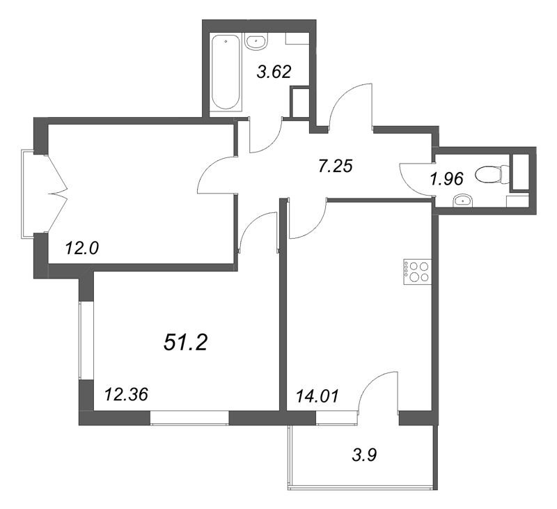 2-комнатная квартира, 51.2 м² в ЖК "Любоград" - планировка, фото №1