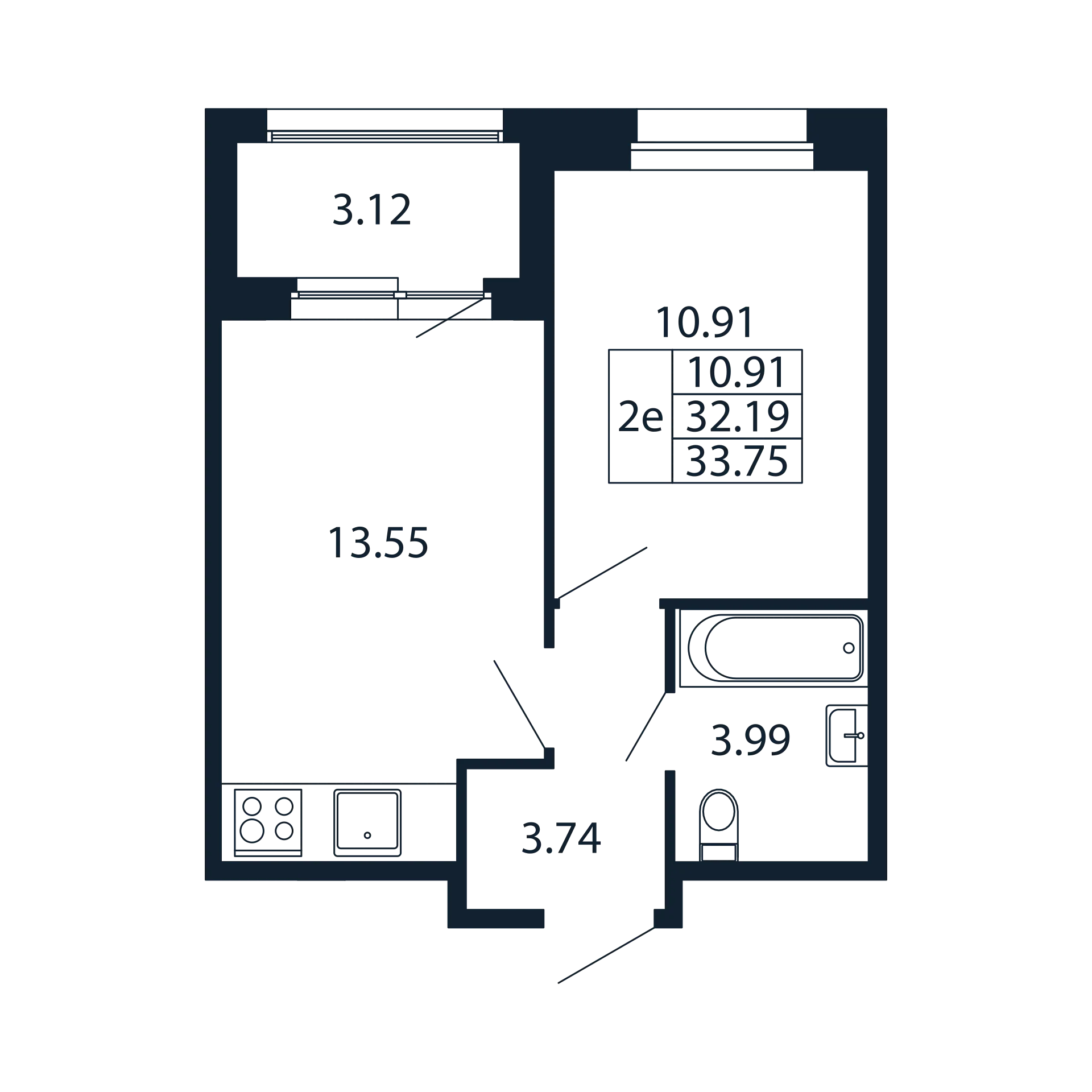 1-комнатная квартира, 32.19 м² - планировка, фото №1