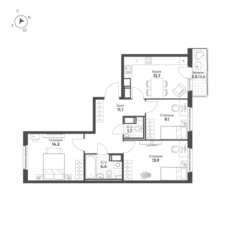 3-комнатная квартира, 69.2 м² - планировка, фото №1
