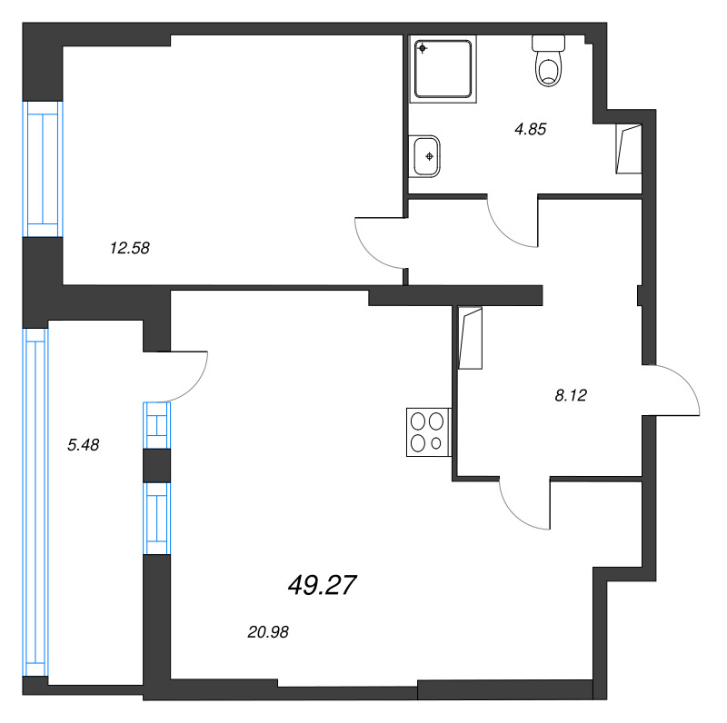 2-комнатная (Евро) квартира, 49.27 м² в ЖК "Аквилон Leaves" - планировка, фото №1