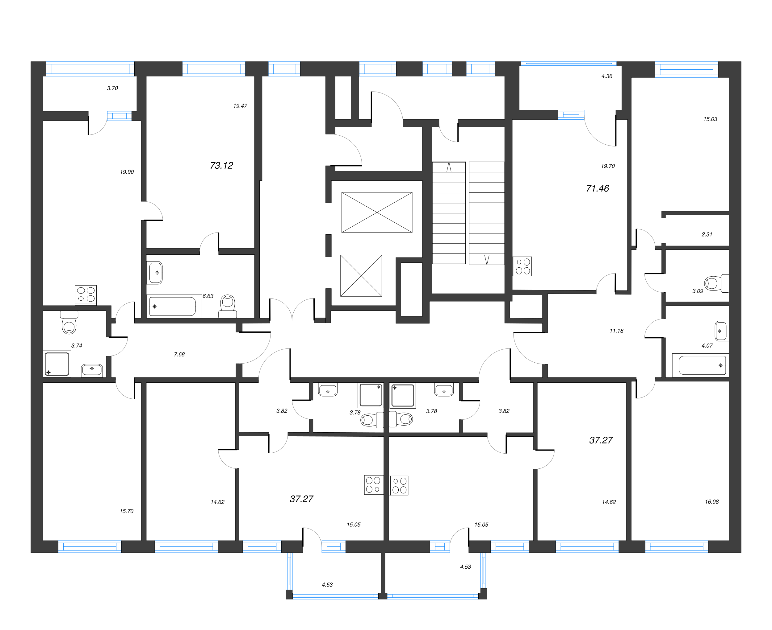 2-комнатная (Евро) квартира, 37.27 м² в ЖК "Чёрная речка" - планировка этажа