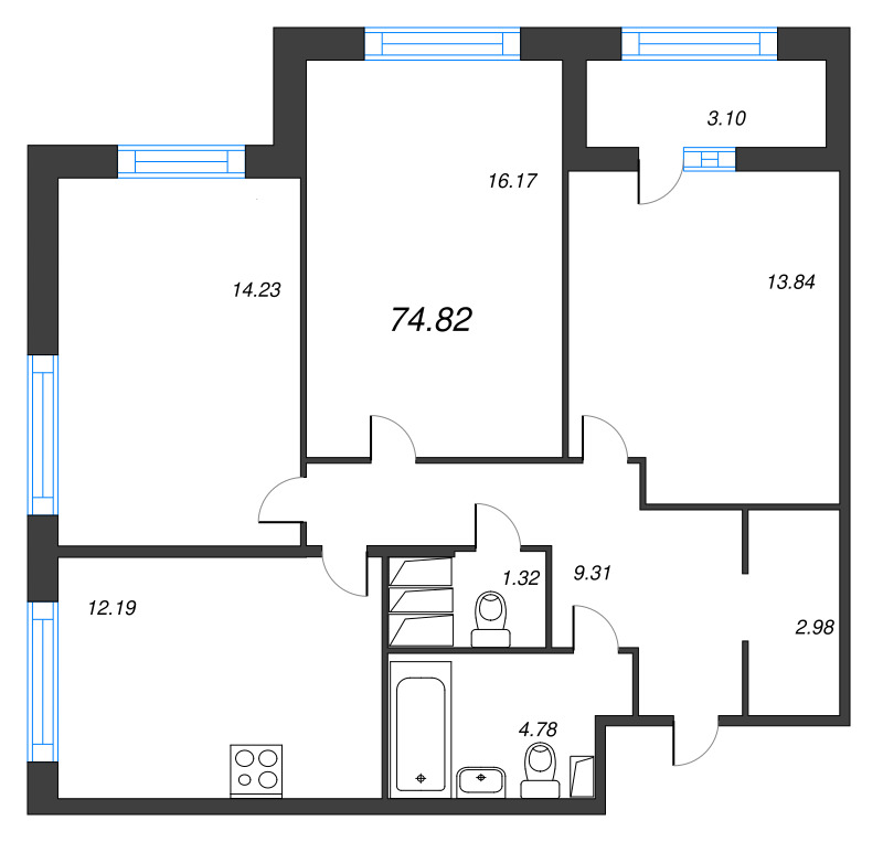 3-комнатная квартира, 74.82 м² в ЖК "Б15" - планировка, фото №1