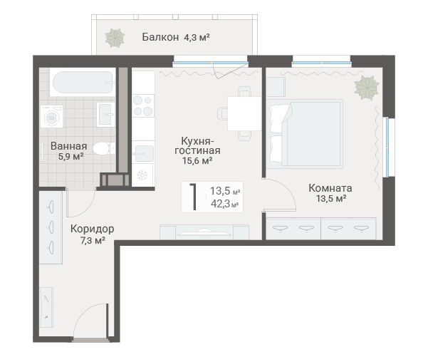 2-комнатная (Евро) квартира, 42.3 м² в ЖК "Руднева 15" - планировка, фото №1