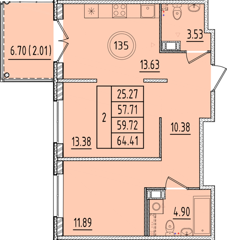 2-комнатная квартира, 57.71 м² - планировка, фото №1