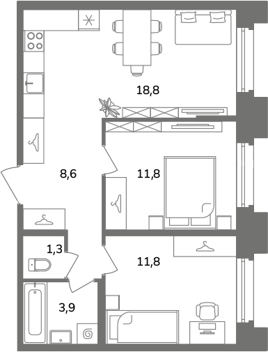 3-комнатная (Евро) квартира, 56.2 м² в ЖК "Антверпен" - планировка, фото №1